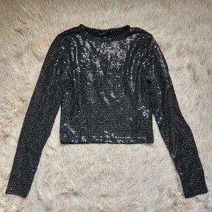 Topshop Black & Silver Sequin Glitter Long Sleeve Crop Top - Size 0